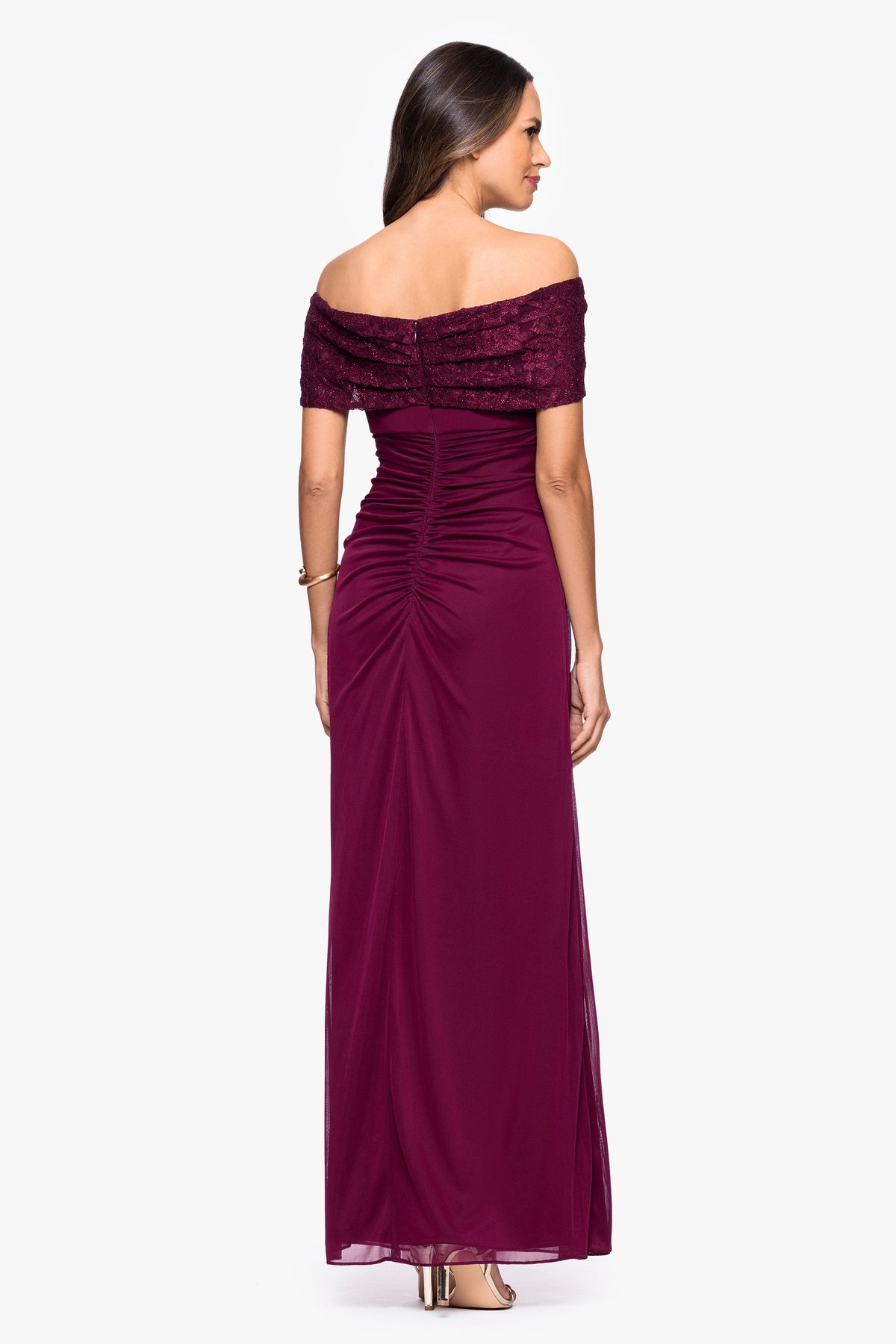Betsy & Adam "Shailene" Sheer Matte Jersey & Glitter Lace Off The Shoulder Top Dress - Wine