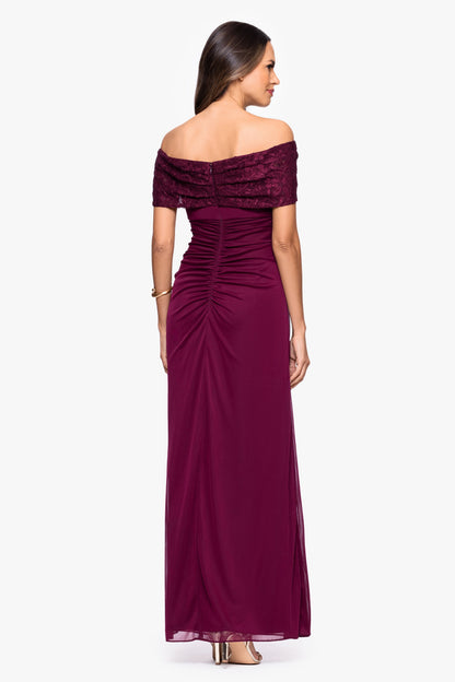 Betsy & Adam "Shailene" Sheer Matte Jersey & Glitter Lace Off The Shoulder Top Dress - Wine
