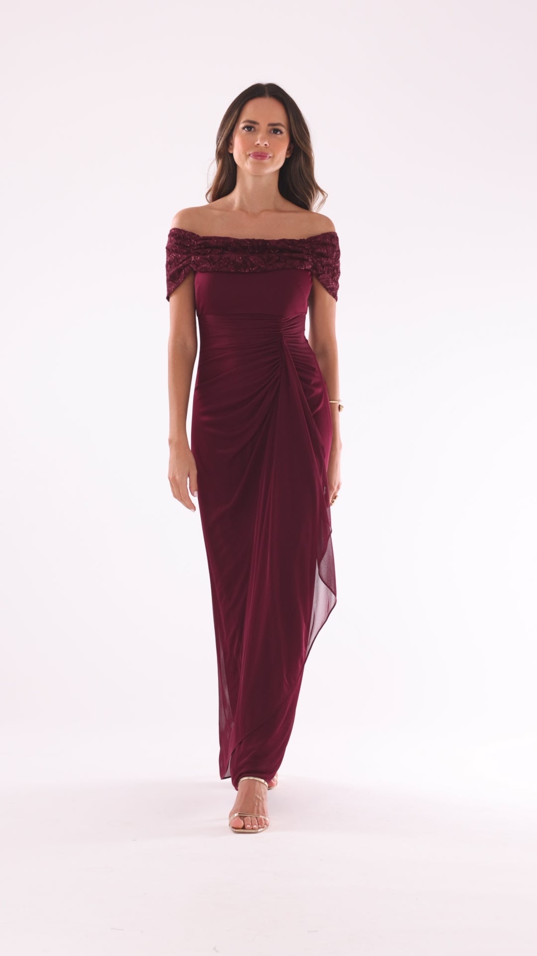 Betsy & Adam "Shailene" Sheer Matte Jersey & Glitter Lace Off The Shoulder Top Dress - Wine