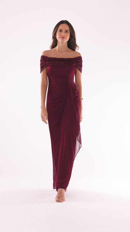 Betsy & Adam "Shailene" Sheer Matte Jersey & Glitter Lace Off The Shoulder Top Dress - Wine