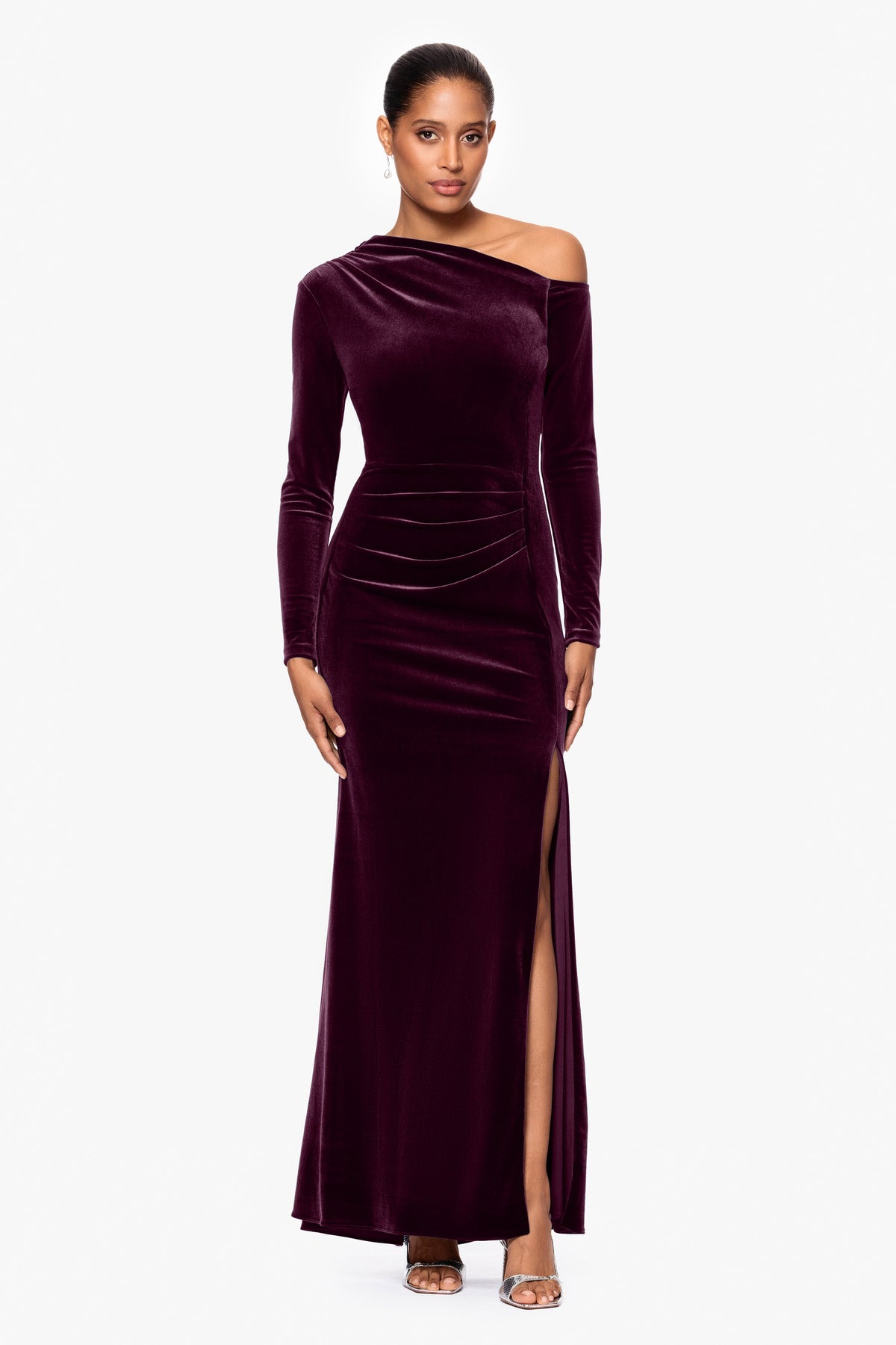 Betsy & Adam "Annette" Velvet Off Shoulder Long Sleeve Dress - Maroon