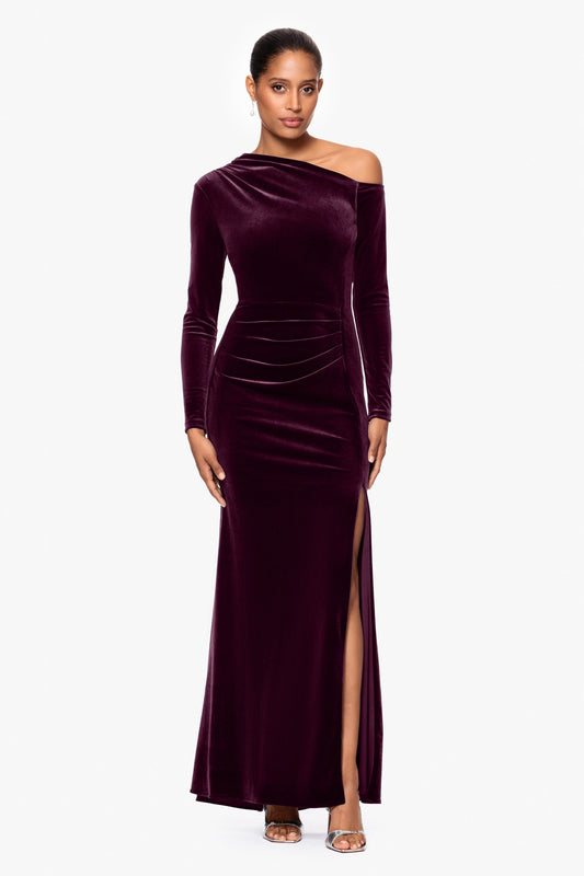 Betsy & Adam "Annette" Velvet Off Shoulder Long Sleeve Dress - Maroon