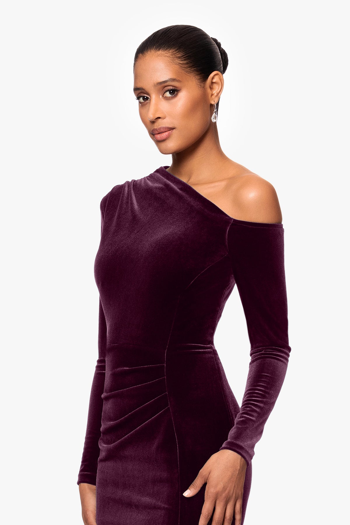 Betsy & Adam "Annette" Velvet Off Shoulder Long Sleeve Dress - Maroon
