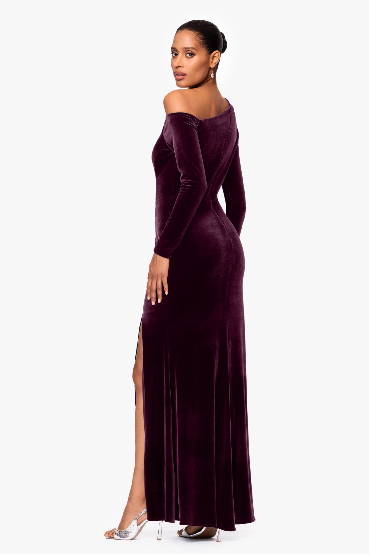 Betsy & Adam "Annette" Velvet Off Shoulder Long Sleeve Dress - Maroon