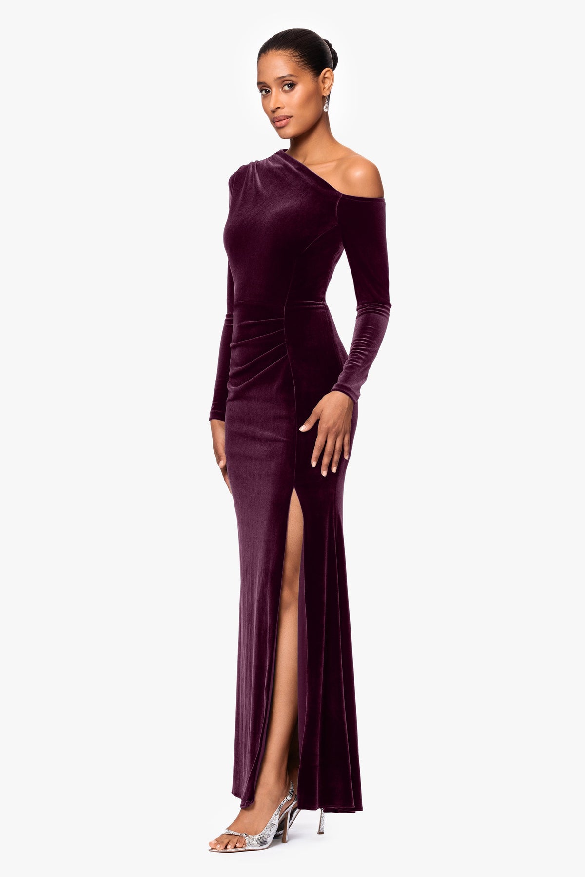 Betsy & Adam "Annette" Velvet Off Shoulder Long Sleeve Dress - Maroon