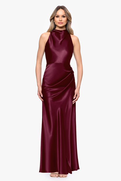 Betsy & Adam Petite "Tatum" Satin Cowl Mock Neck Dress - Burgundy