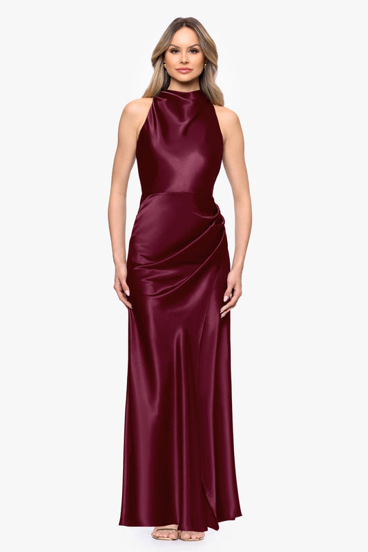 Betsy & Adam Petite "Tatum" Satin Cowl Mock Neck Dress - Burgundy