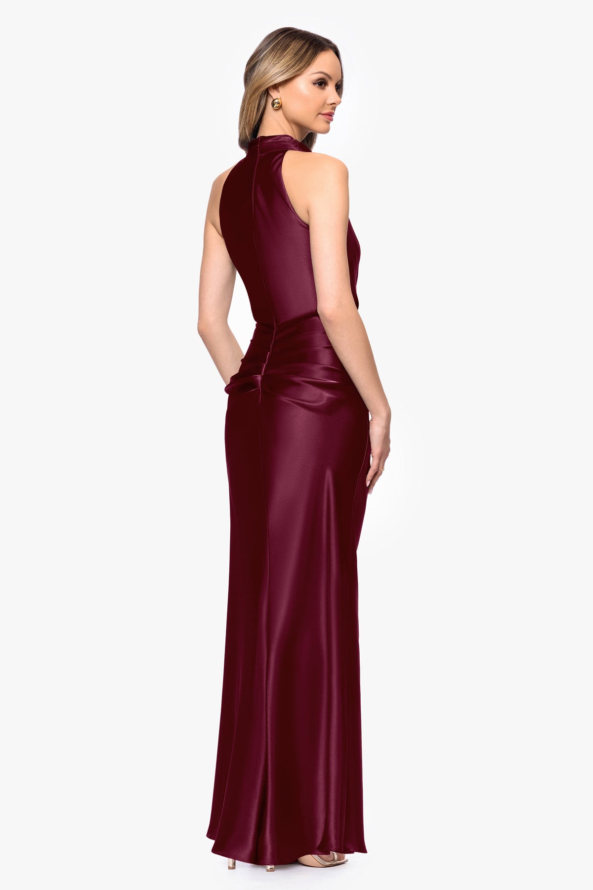 Betsy & Adam Petite "Tatum" Satin Cowl Mock Neck Dress - Burgundy