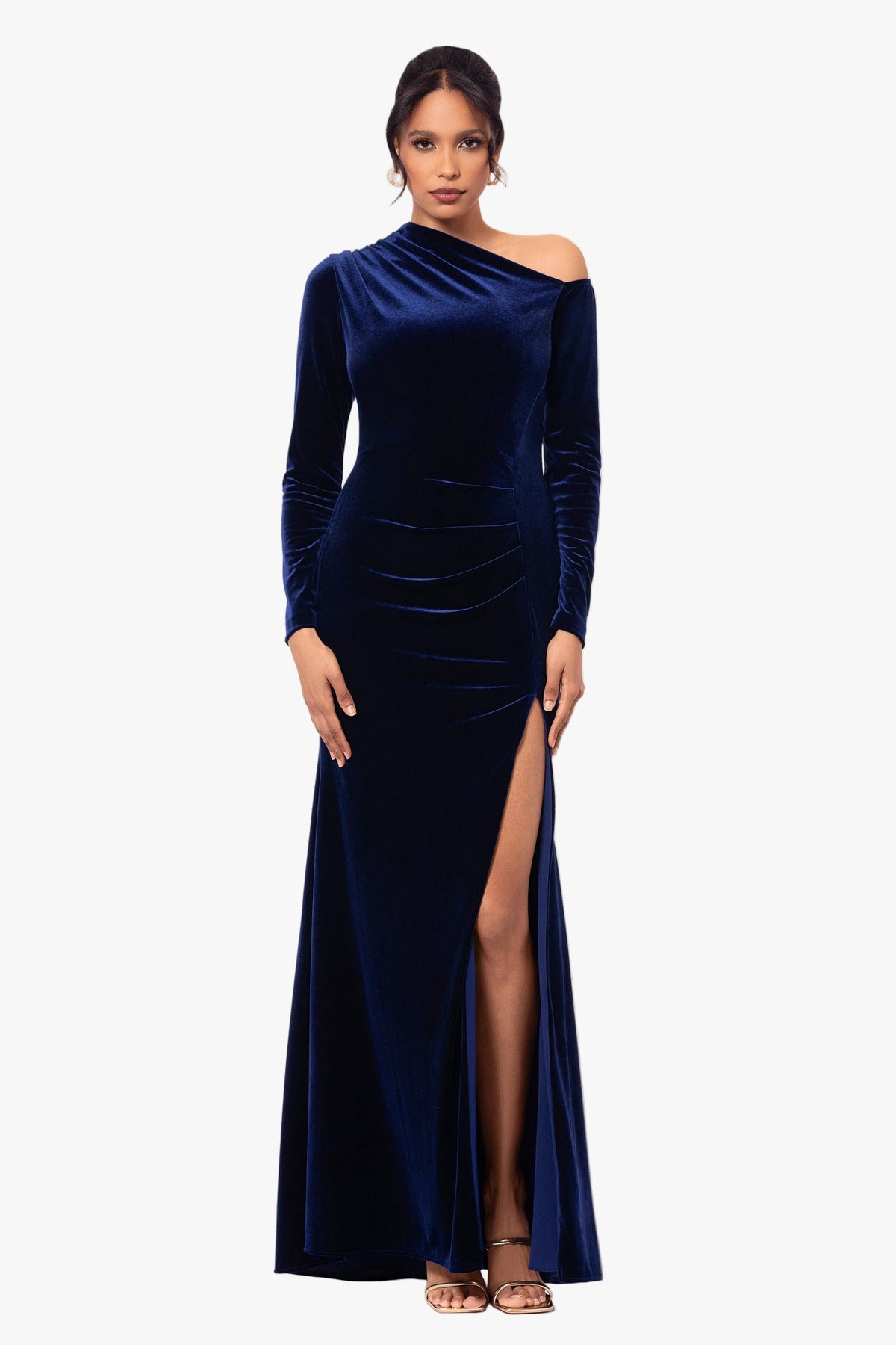 Betsy & Adam "Annette" Velvet Off Shoulder Long Sleeve Dress - Navy