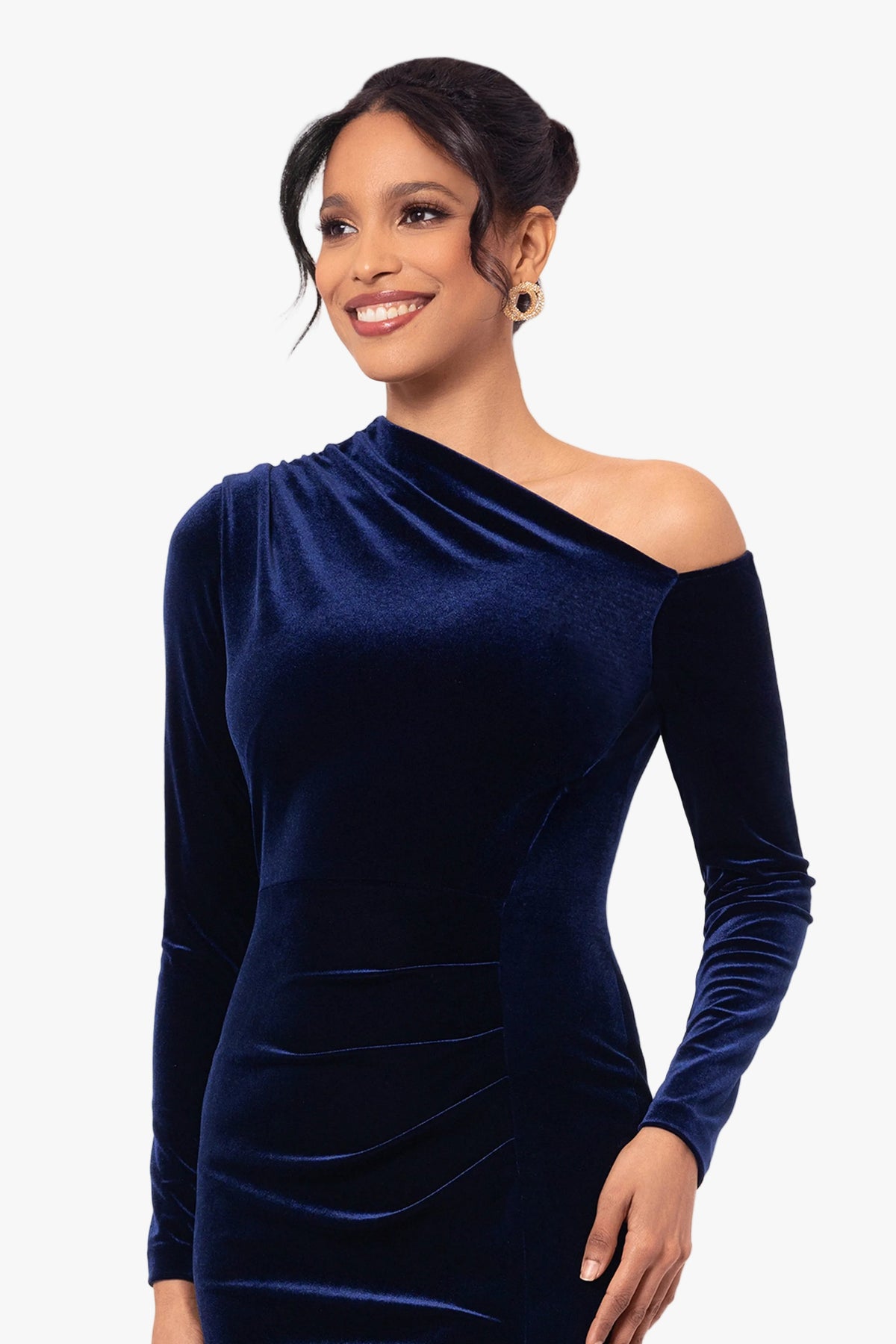 Betsy & Adam "Annette" Velvet Off Shoulder Long Sleeve Dress - Navy