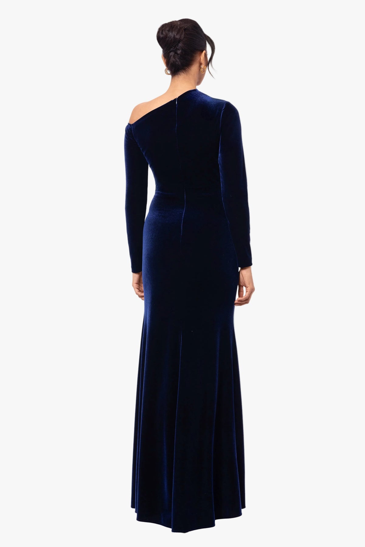 Betsy & Adam "Annette" Velvet Off Shoulder Long Sleeve Dress - Navy