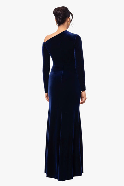 Betsy & Adam "Annette" Velvet Off Shoulder Long Sleeve Dress - Navy