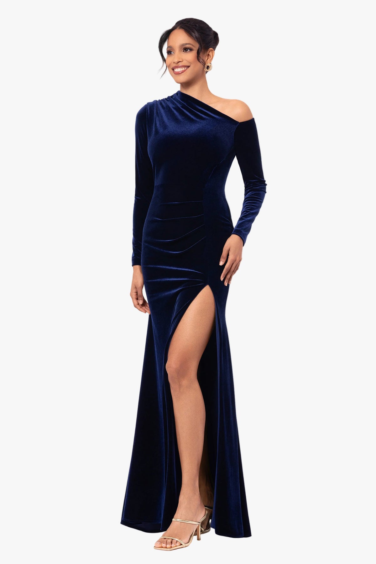 Betsy & Adam "Annette" Velvet Off Shoulder Long Sleeve Dress - Navy
