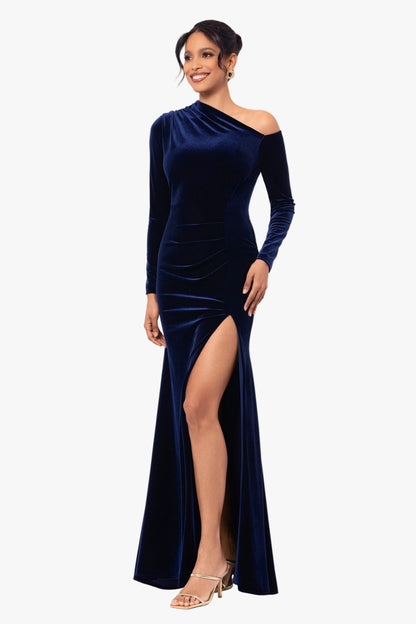 Betsy & Adam "Annette" Velvet Off Shoulder Long Sleeve Dress - Navy