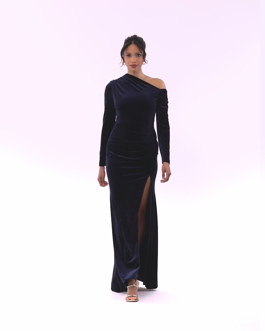 Betsy & Adam "Annette" Velvet Off Shoulder Long Sleeve Dress - Navy