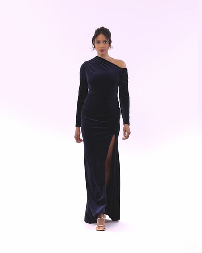 Betsy & Adam "Annette" Velvet Off Shoulder Long Sleeve Dress - Navy