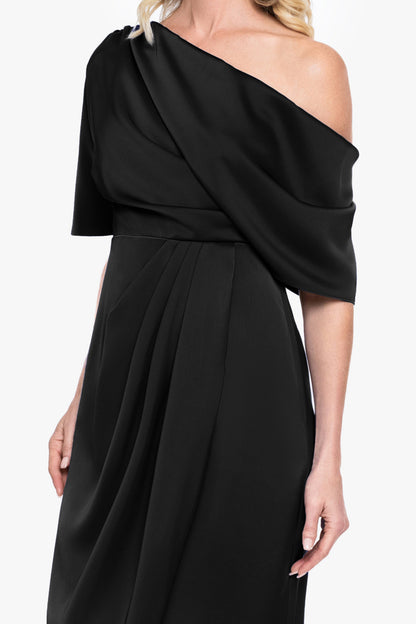 Betsy & Adam "Sylvie" Satin Short Sleeve Tulip Midi Dress - Black