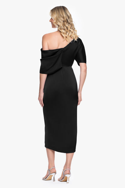 Betsy & Adam "Sylvie" Satin Short Sleeve Tulip Midi Dress - Black
