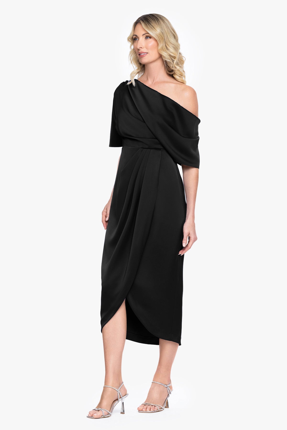 Betsy & Adam "Sylvie" Satin Short Sleeve Tulip Midi Dress - Black
