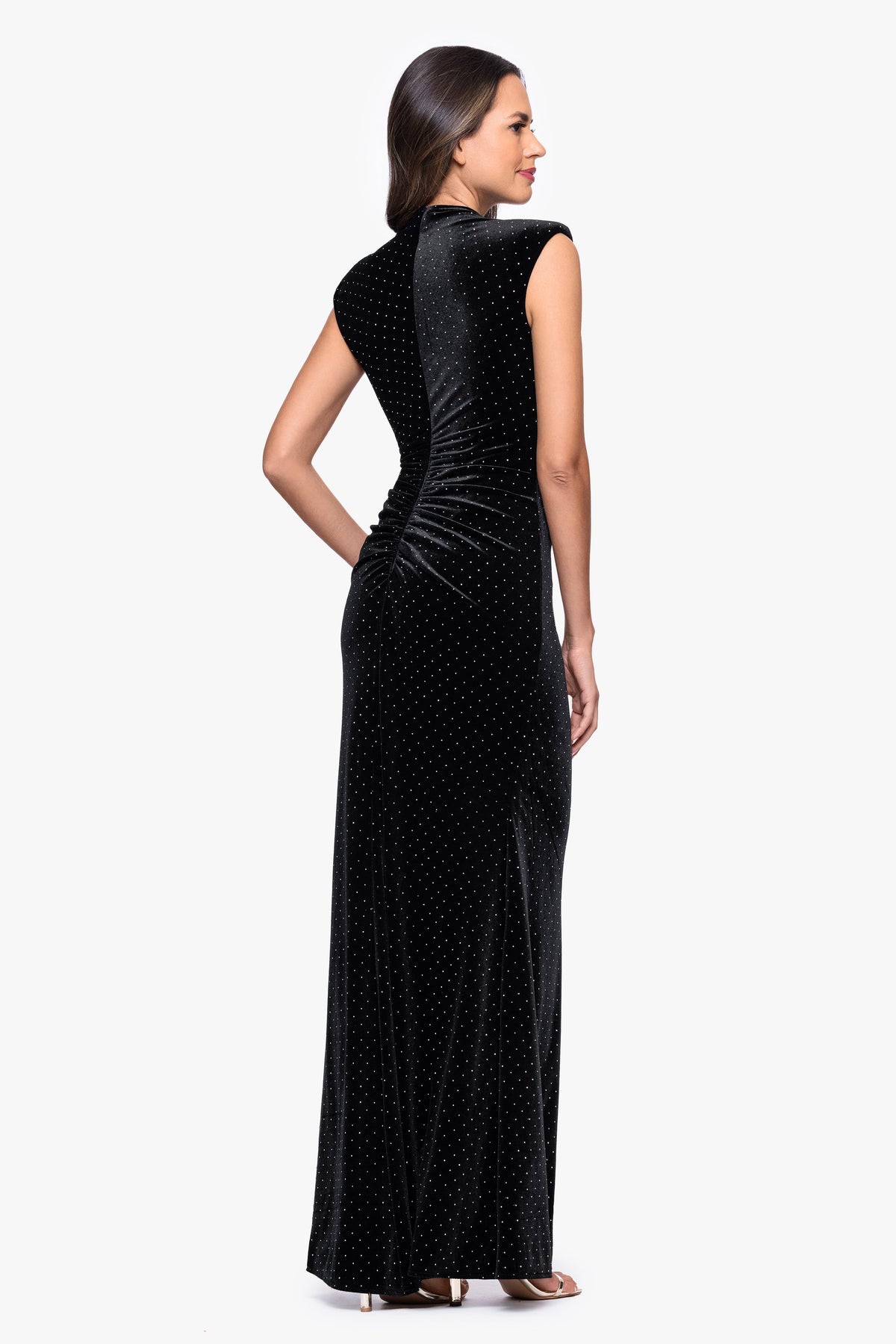 Betsy & Adam Petite "Andrea" Studded Velvet Slit Dress - Black/Silver