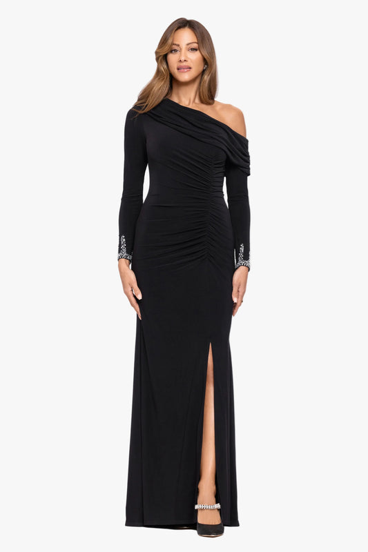 Betsy & Adam "Tamara" Jersey Knit Off The Shoulder Long Beaded Sleeve Dress - Black/Silver