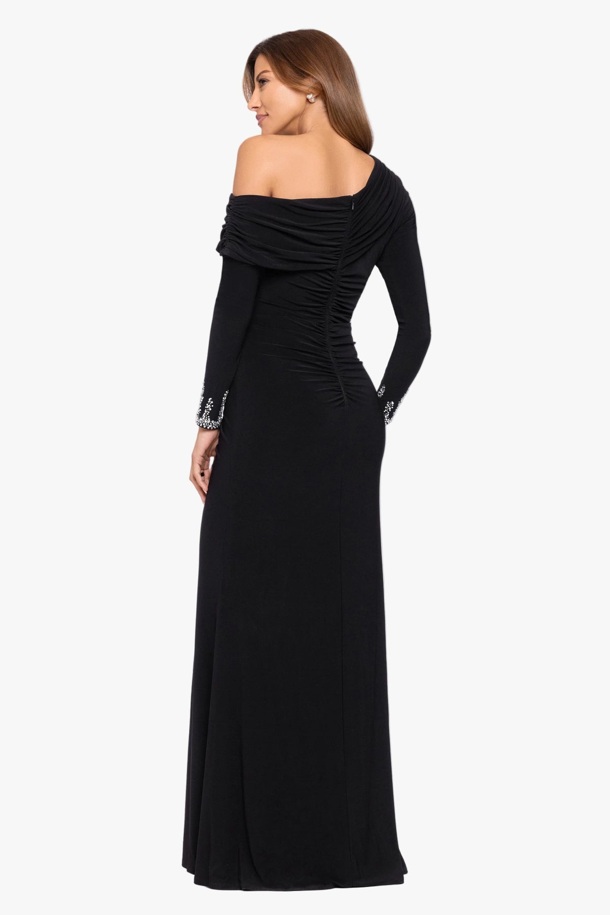 Betsy & Adam "Tamara" Jersey Knit Off The Shoulder Long Beaded Sleeve Dress - Black/Silver