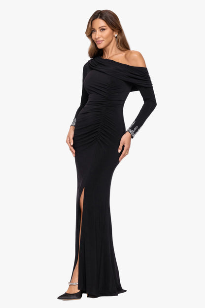 Betsy & Adam "Tamara" Jersey Knit Off The Shoulder Long Beaded Sleeve Dress - Black/Silver