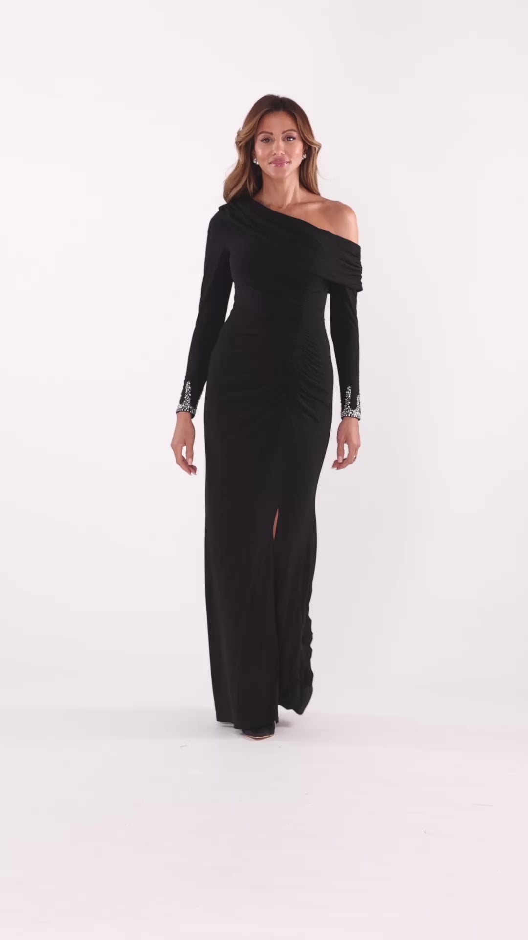 Betsy & Adam "Tamara" Jersey Knit Off The Shoulder Long Beaded Sleeve Dress - Black/Silver