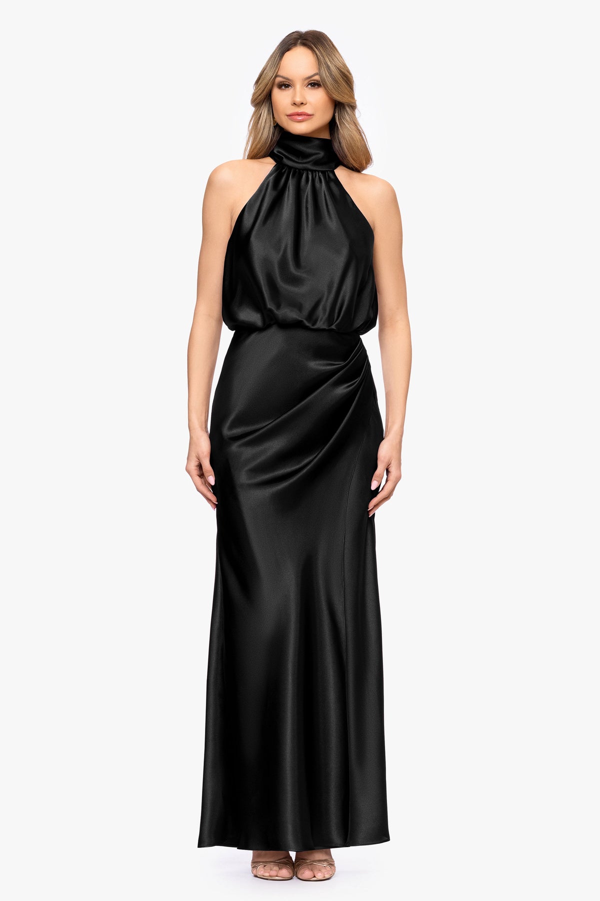 Betsy & Adam "Tara" Satin Tie Neck Dress - Black
