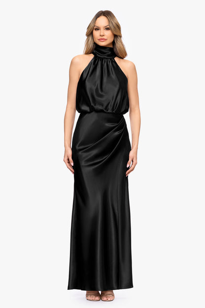 Betsy & Adam "Tara" Satin Tie Neck Dress - Black