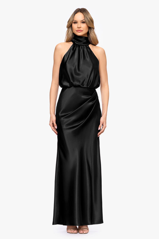 Betsy & Adam "Tara" Satin Tie Neck Dress - Black