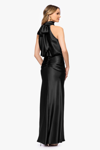 Betsy & Adam "Tara" Satin Tie Neck Dress - Black