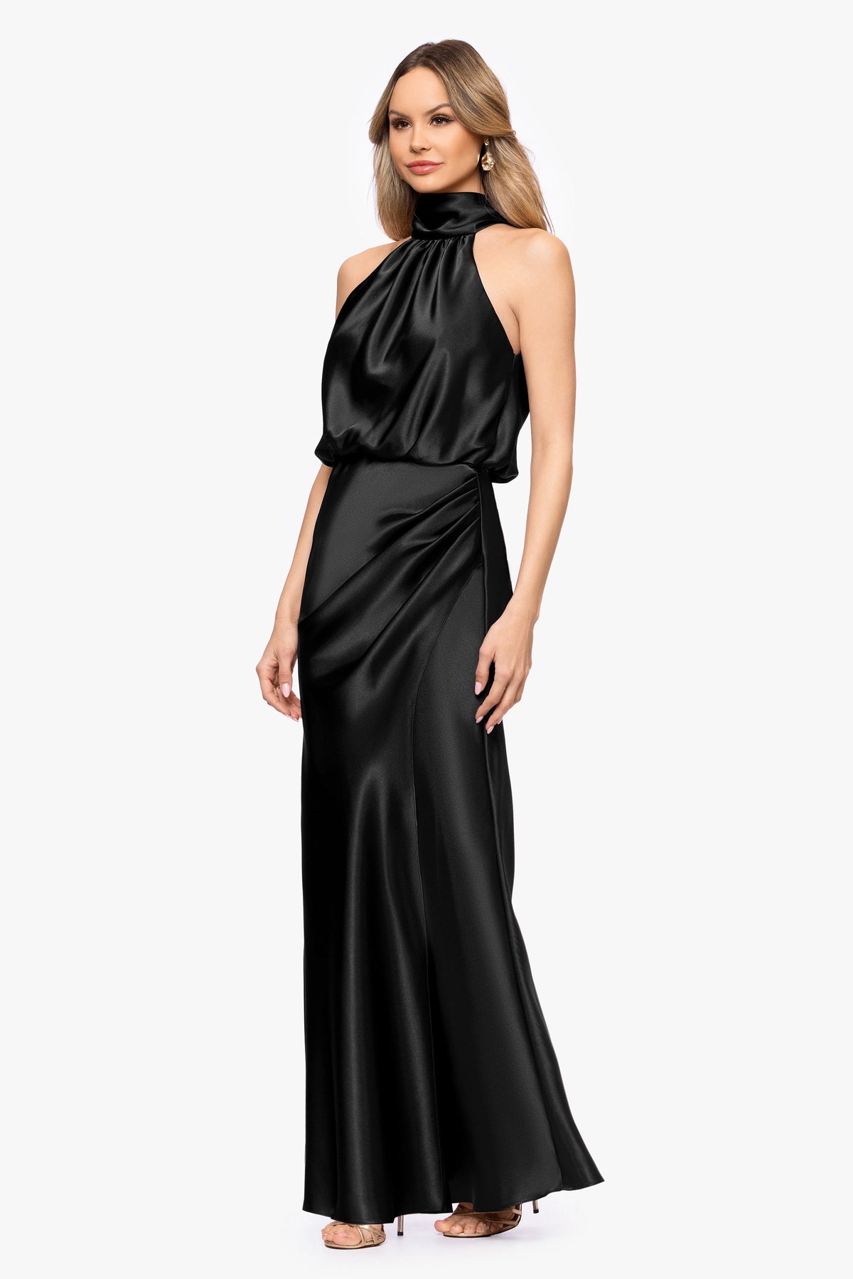 Betsy & Adam "Tara" Satin Tie Neck Dress - Black