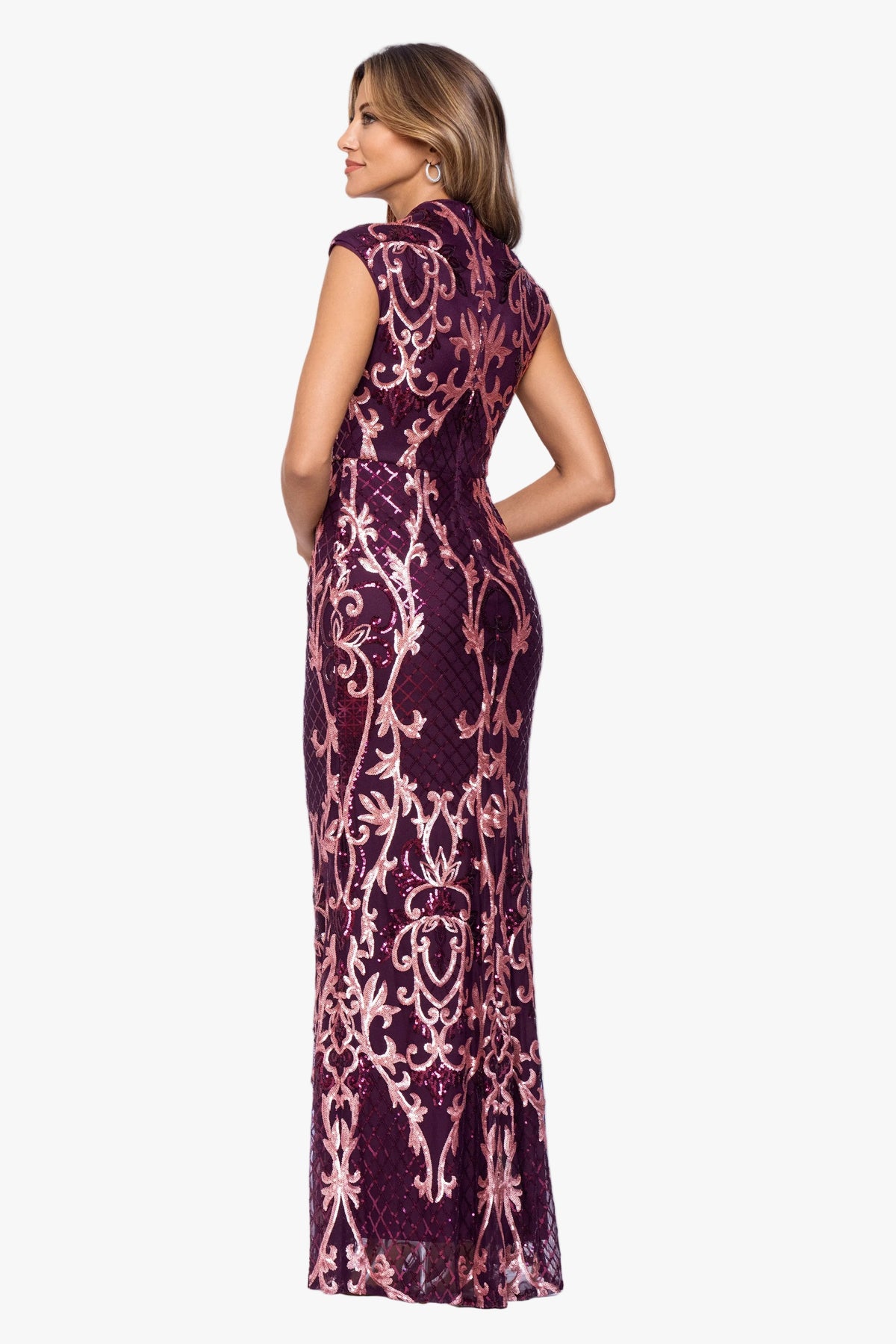 Betsy & Adam "Gerri" Placement Sequin Mock Neckline Dress - Wine/Rose