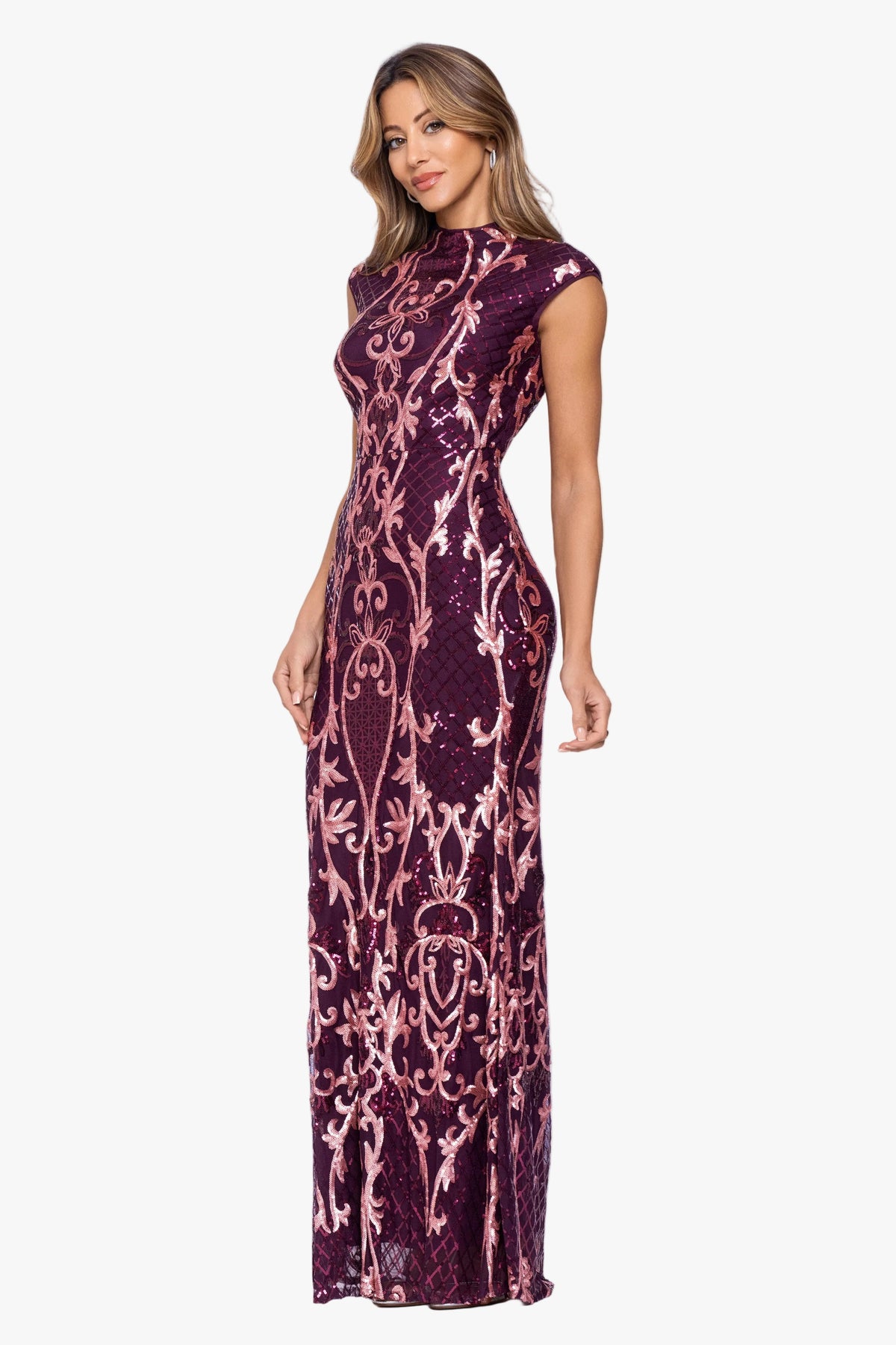 Betsy & Adam "Gerri" Placement Sequin Mock Neckline Dress - Wine/Rose