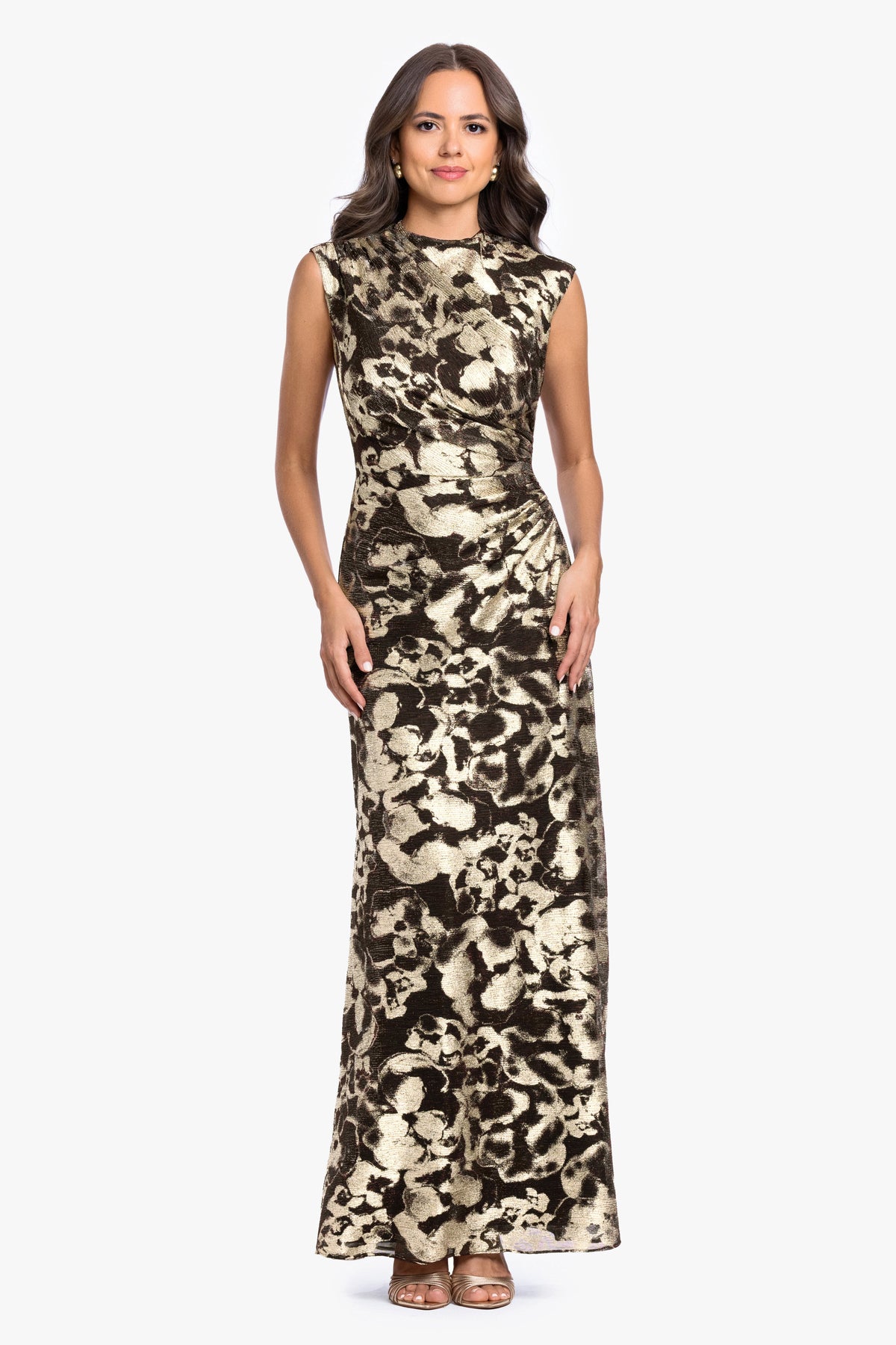 Betsy & Adam Petite "Cory" Metallic Print Ruched Dress - Brown/Gold