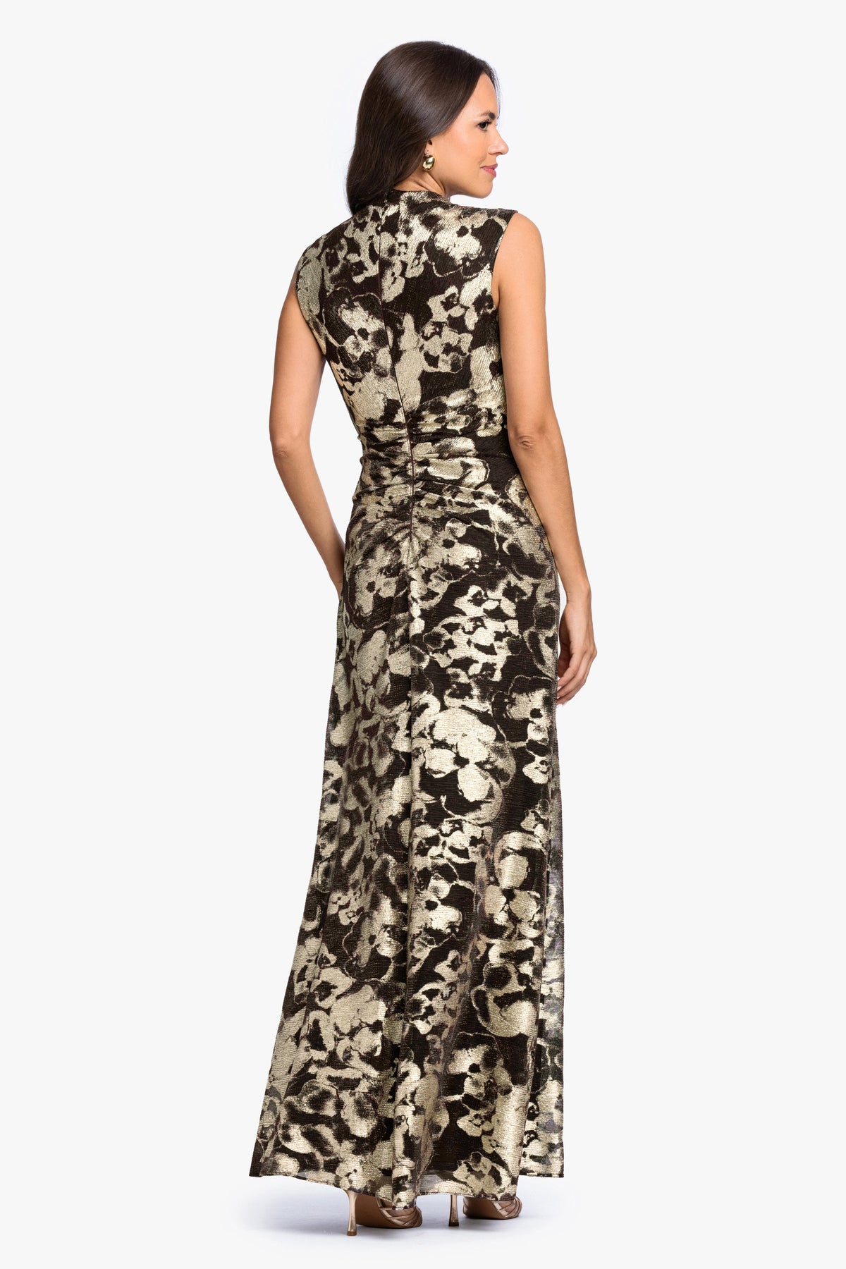 Betsy & Adam Petite "Cory" Metallic Print Ruched Dress - Brown/Gold