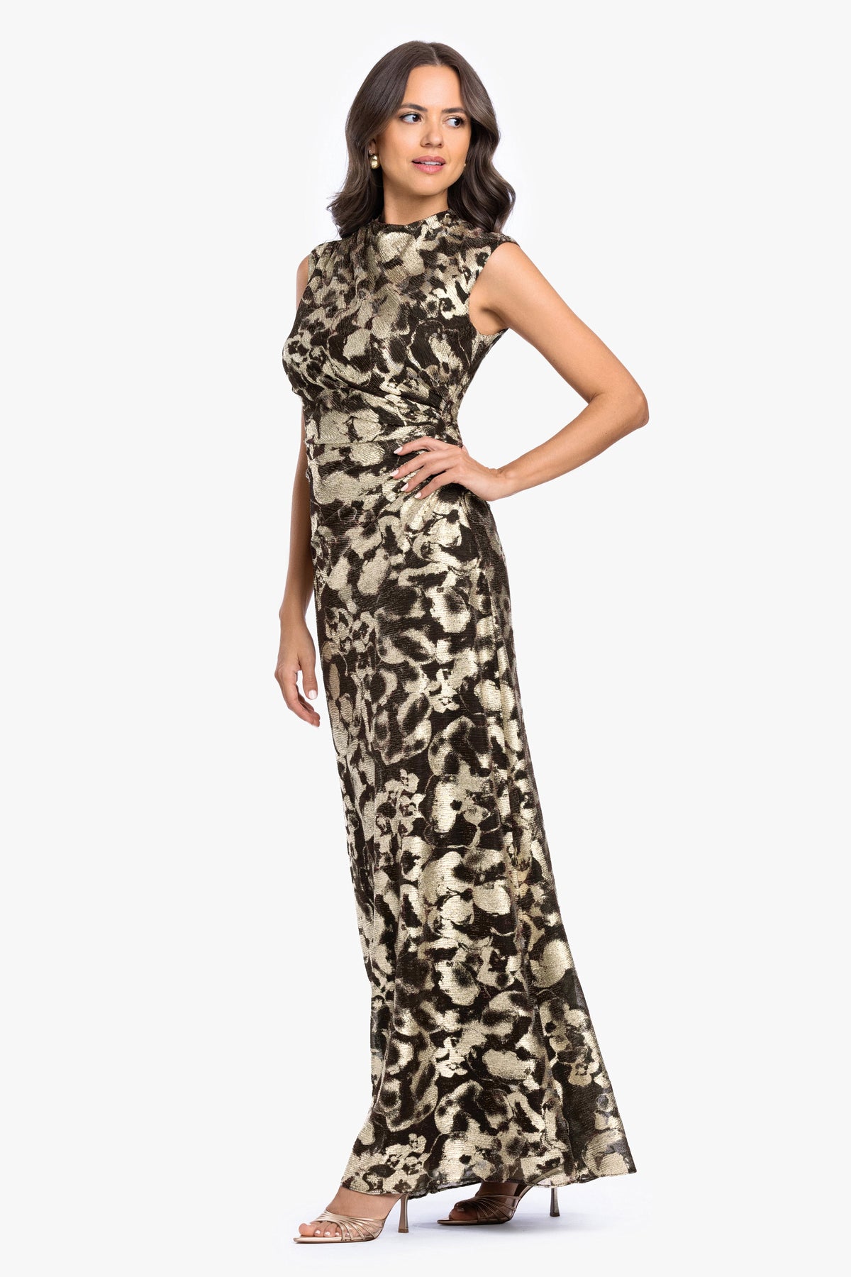 Betsy & Adam Petite "Cory" Metallic Print Ruched Dress - Brown/Gold