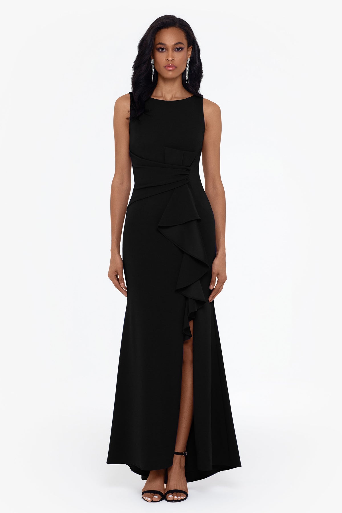Betsy & Adam "Christine" Scuba Crepe Ruffled Bow Dress - Black