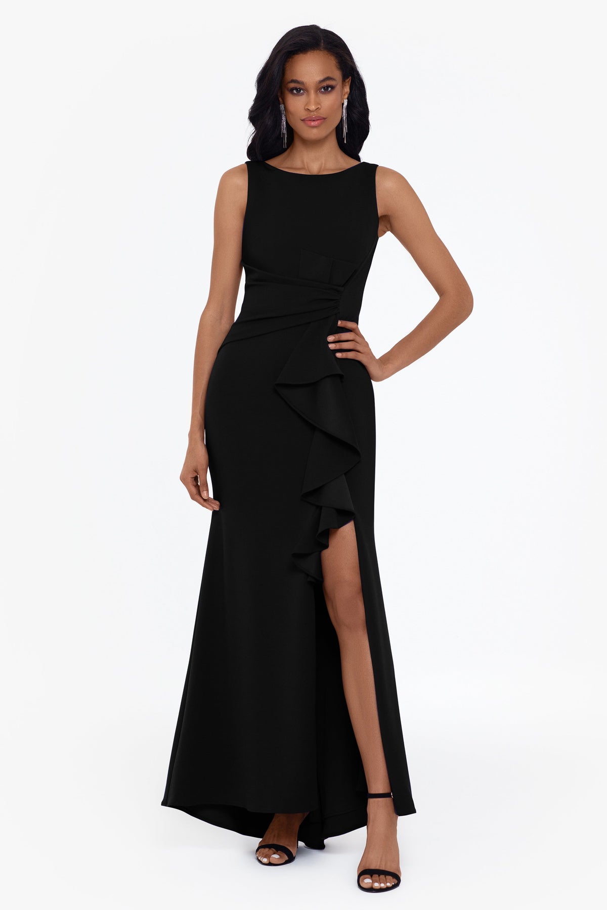 Betsy & Adam "Christine" Scuba Crepe Ruffled Bow Dress - Black