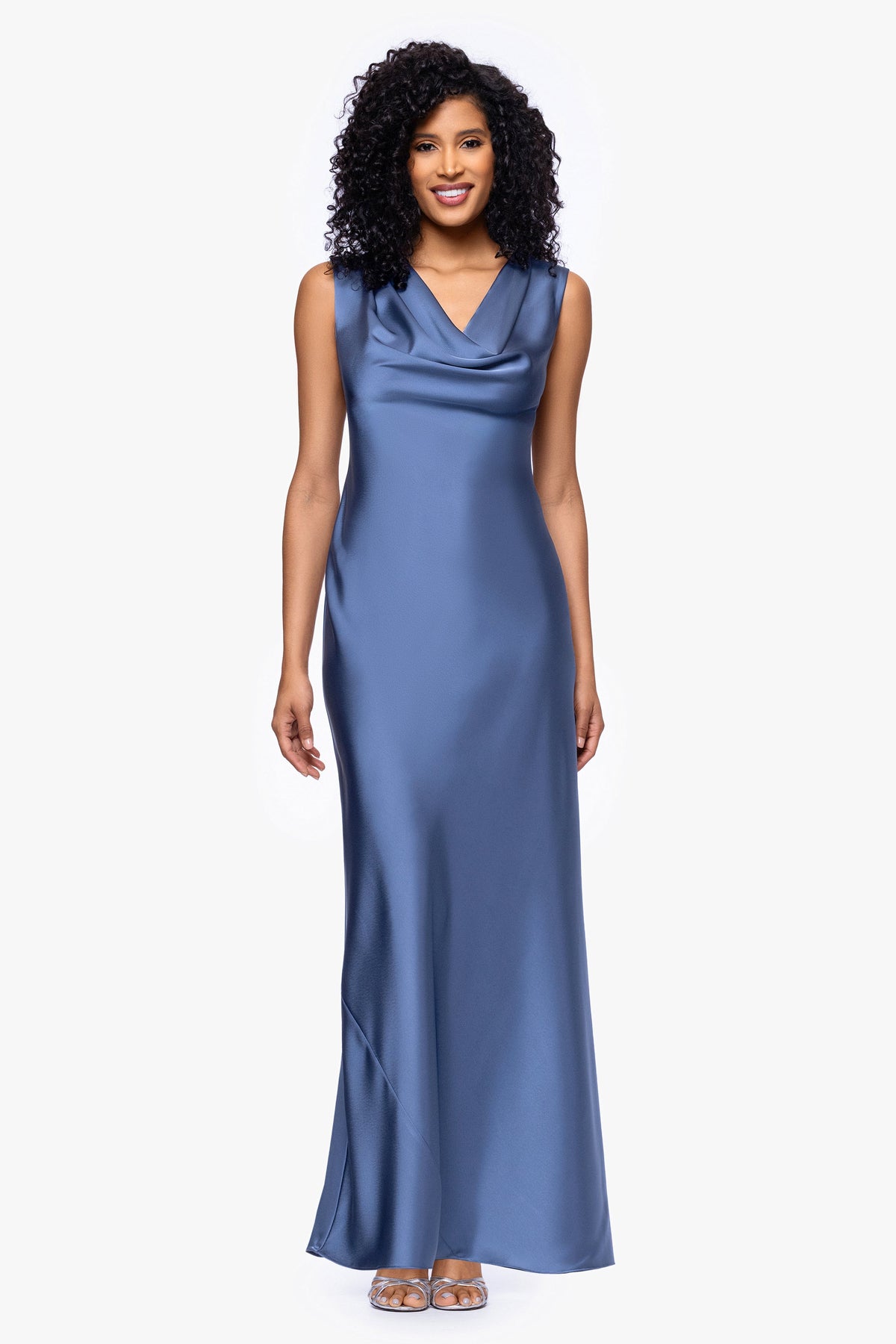Betsy & Adam Petite "Amberly" Satin Drape Neck Dress - Slate