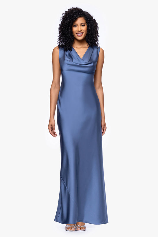 Betsy & Adam Petite "Amberly" Satin Drape Neck Dress - Slate