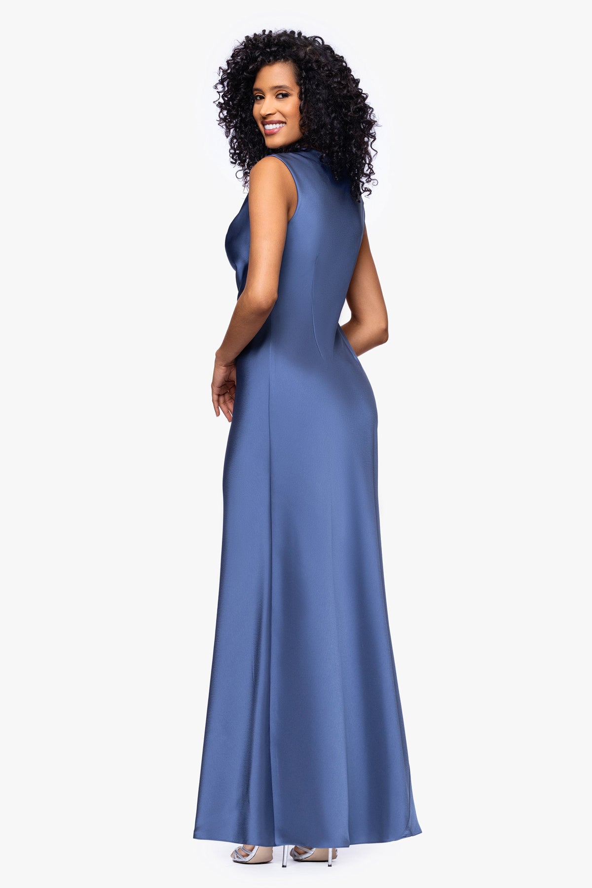 Betsy & Adam Petite "Amberly" Satin Drape Neck Dress - Slate