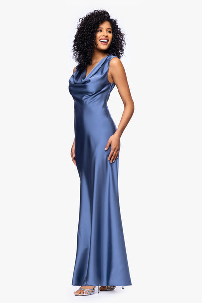 Betsy & Adam Petite "Amberly" Satin Drape Neck Dress - Slate