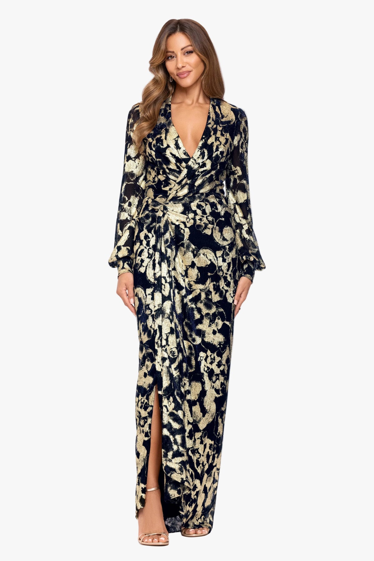 Betsy & Adam "Bailey" Crinkle Metallic V-Neck Long Sleeve Dress - Navy/Gold