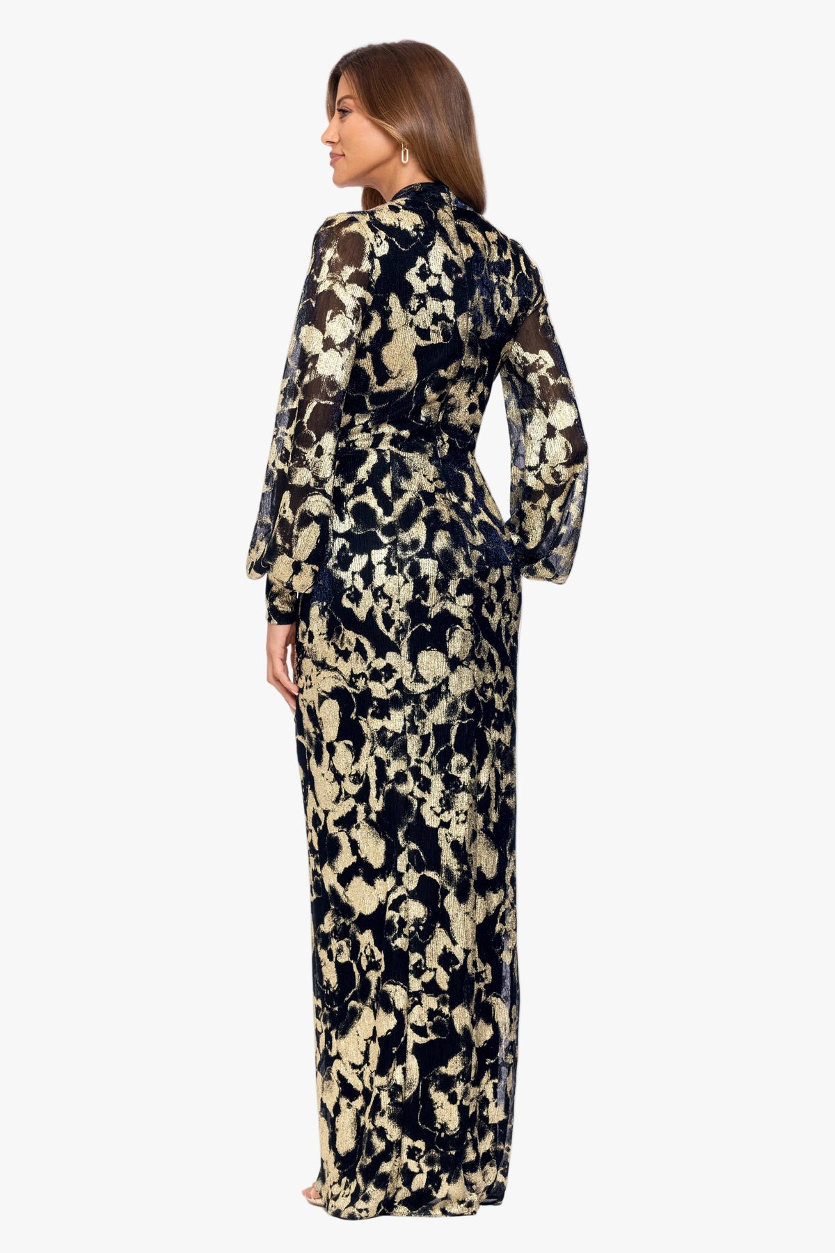 Betsy & Adam "Bailey" Crinkle Metallic V-Neck Long Sleeve Dress - Navy/Gold