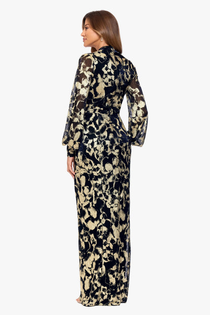 Betsy & Adam "Bailey" Crinkle Metallic V-Neck Long Sleeve Dress - Navy/Gold