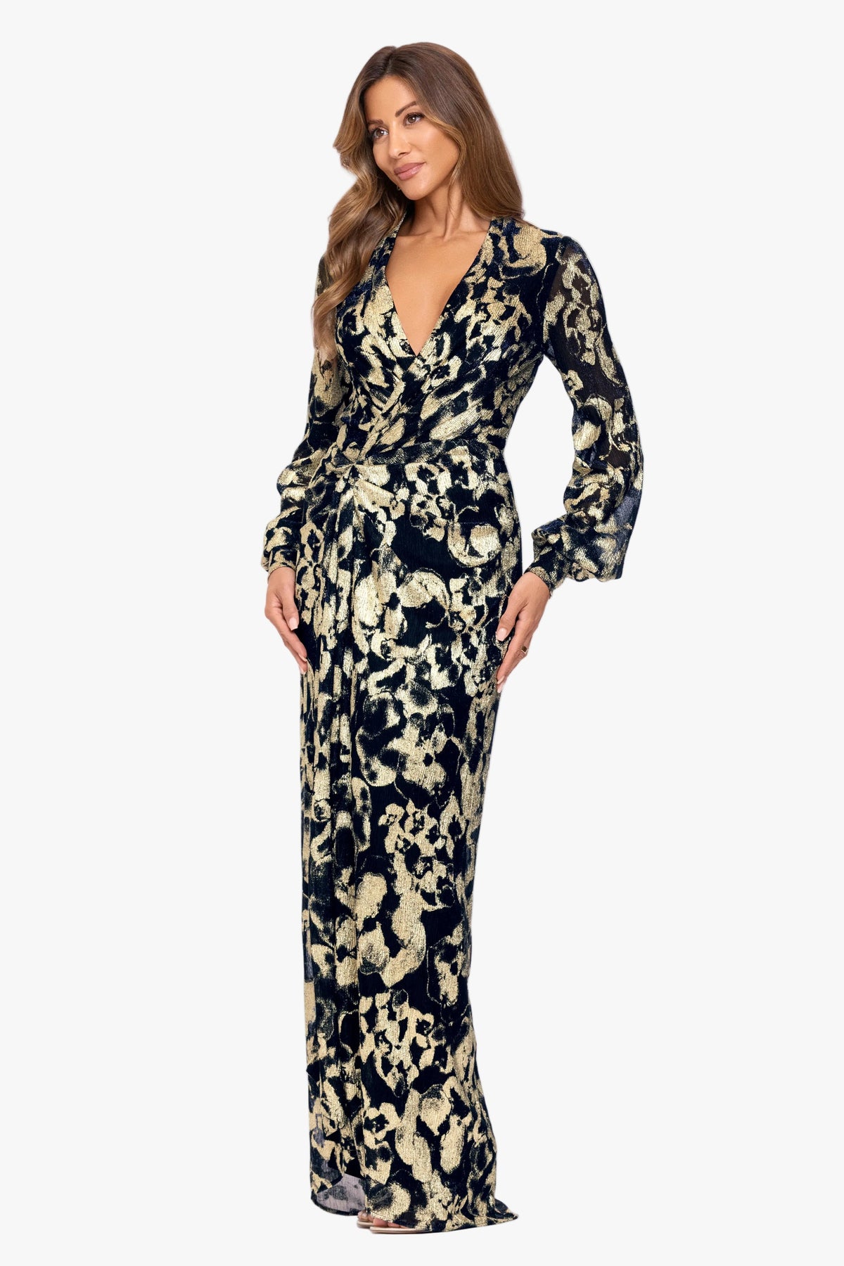 Betsy & Adam "Bailey" Crinkle Metallic V-Neck Long Sleeve Dress - Navy/Gold