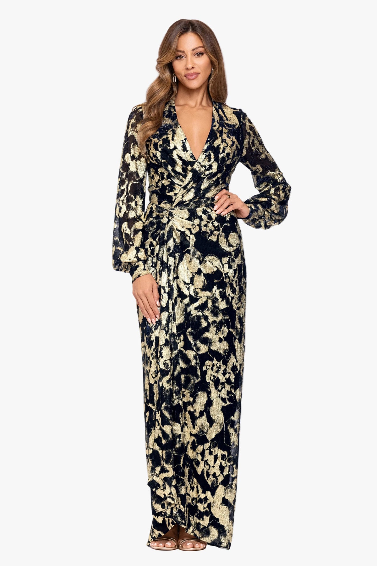 Betsy & Adam "Bailey" Crinkle Metallic V-Neck Long Sleeve Dress - Navy/Gold