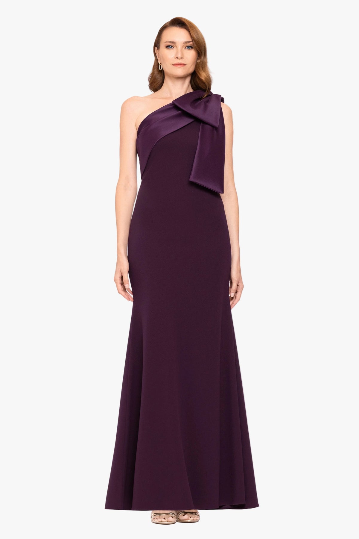 Betsy & Adam "Carmela" Scuba Crepe With Satin Bow Dress - Plum